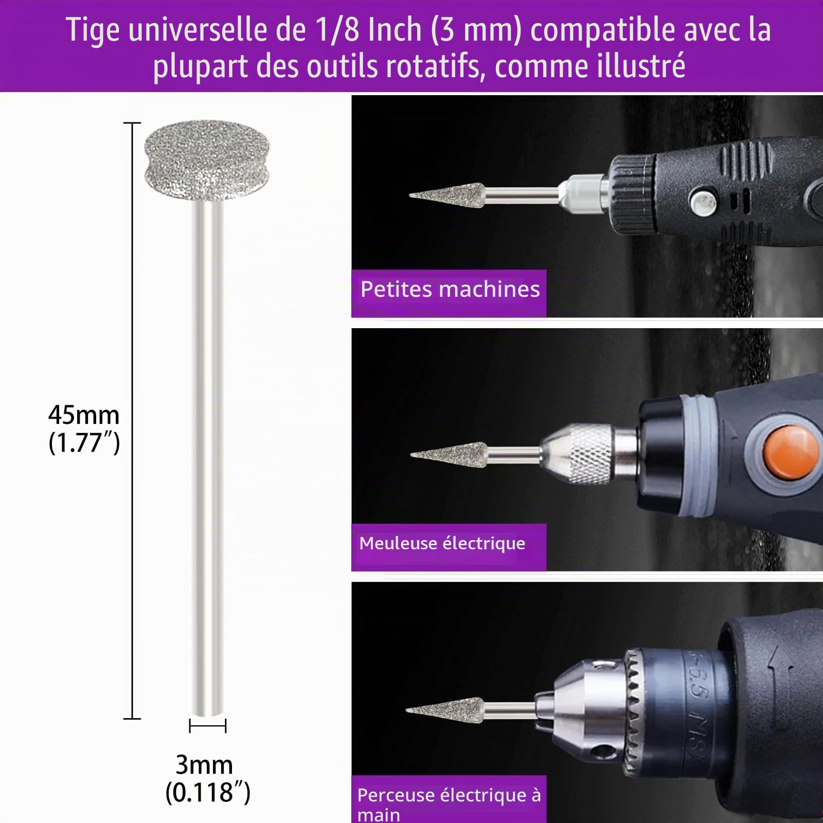 Lot de 52 forets de meulage diamant multifonctionnels compatibles avec Dremel, forets diamantés rotatifs, tige de 3 mm pour pierre, verre, céramique, sculpture, polissage, meulage