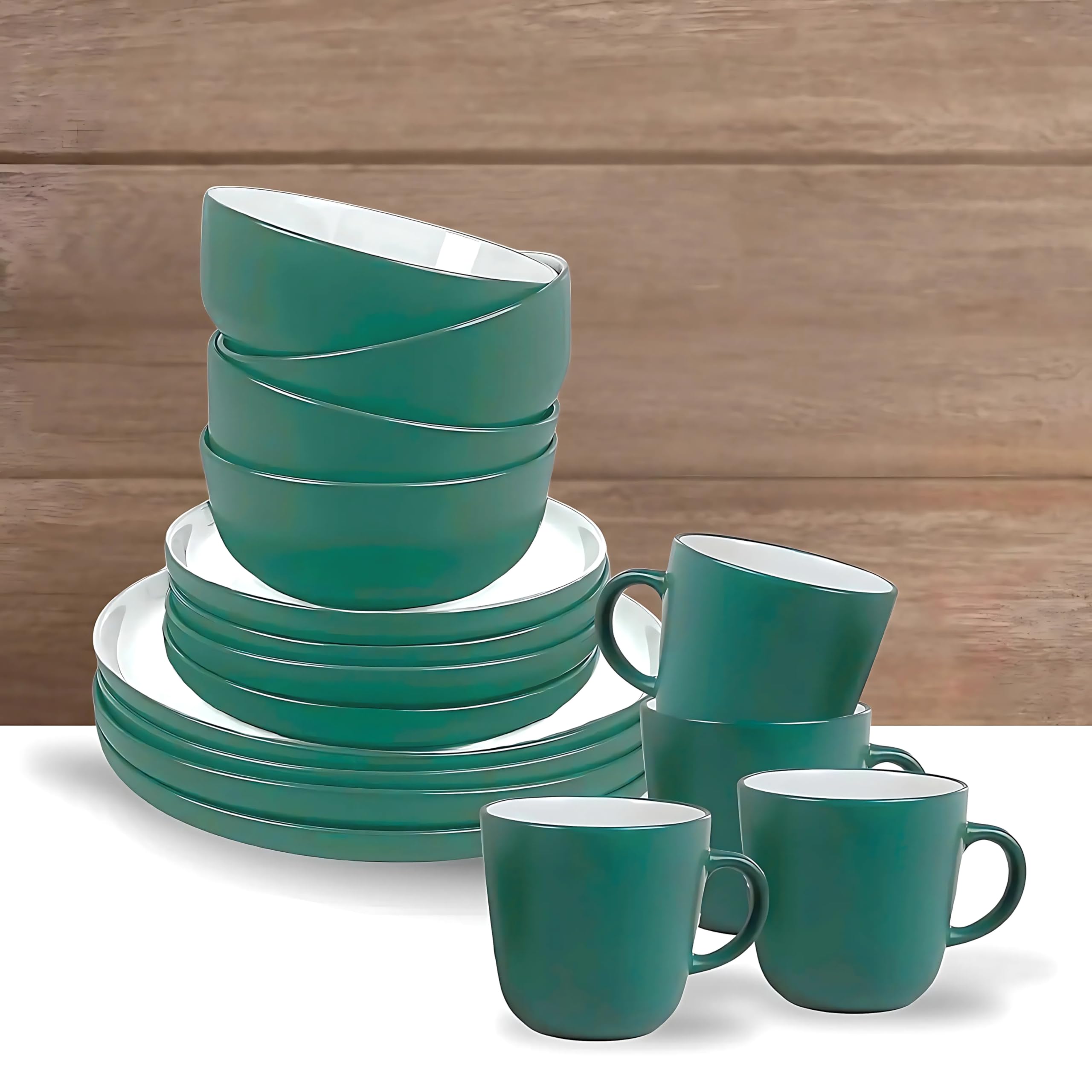 FEELINGS STONEWARE CERAMIC 16 PCS DINNER SET | Durable Dinnerware for Everyday Use | Includes Plates, Bowls, and Mugs | Elegant and Stylish Design | Dishwasher & Microwave Safe (Green)