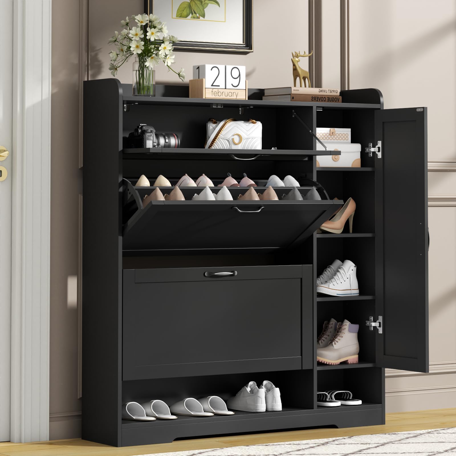 Amazon.com: Merax Free Standing Shoe Rack with Pull-Down Seat and 3 ...