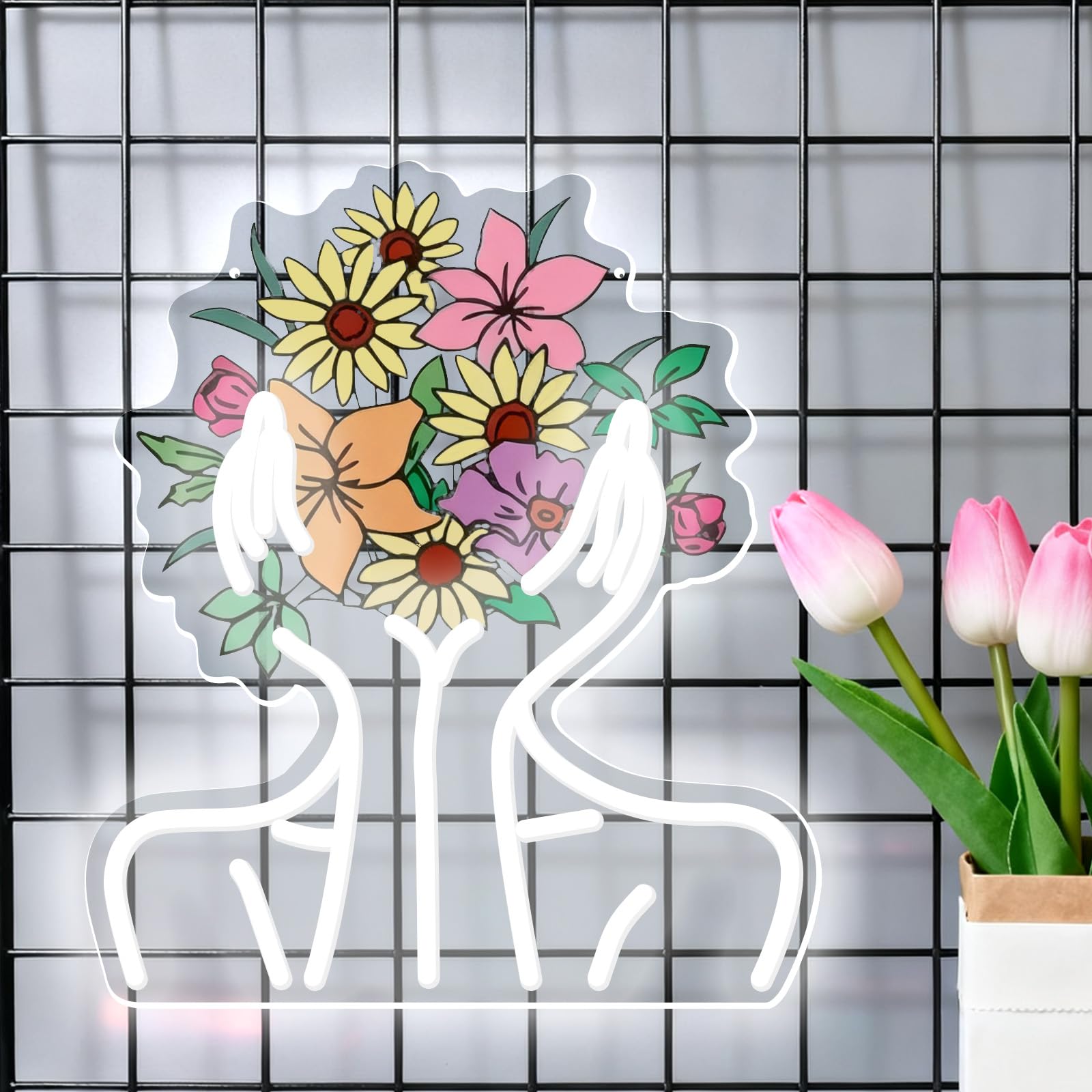 Beautiful Woman Flower Neon Light UV Printed Neon Lighting USB Powered White Acrylic Wall LED Lights Suitable for Girls' Bedrooms Beauty Salons Art Studios (5V 12.99 * 15.35 Inches)