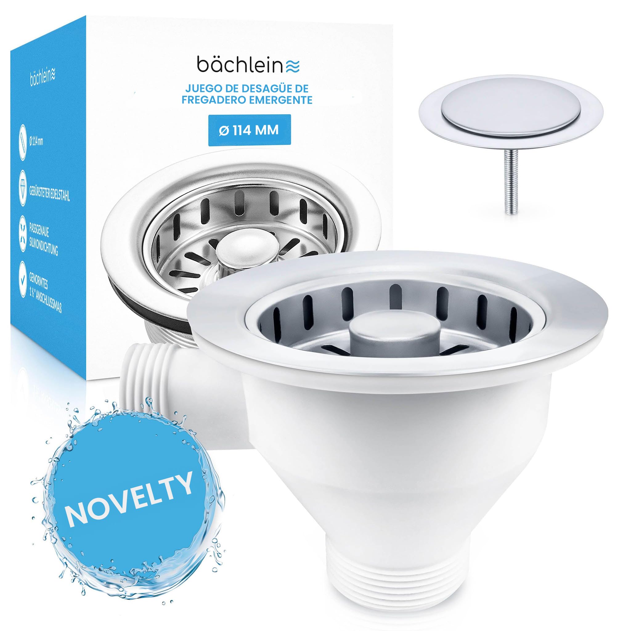 Bächlein Juego de Desagüe para el Fregadero, Diámetro de 114 mm, con Rebosadero, Dispositivo de Clic Ahora También para el Fregadero de la Cocina, Desagüe de Acero Inoxidable Pulido con Rebosadero