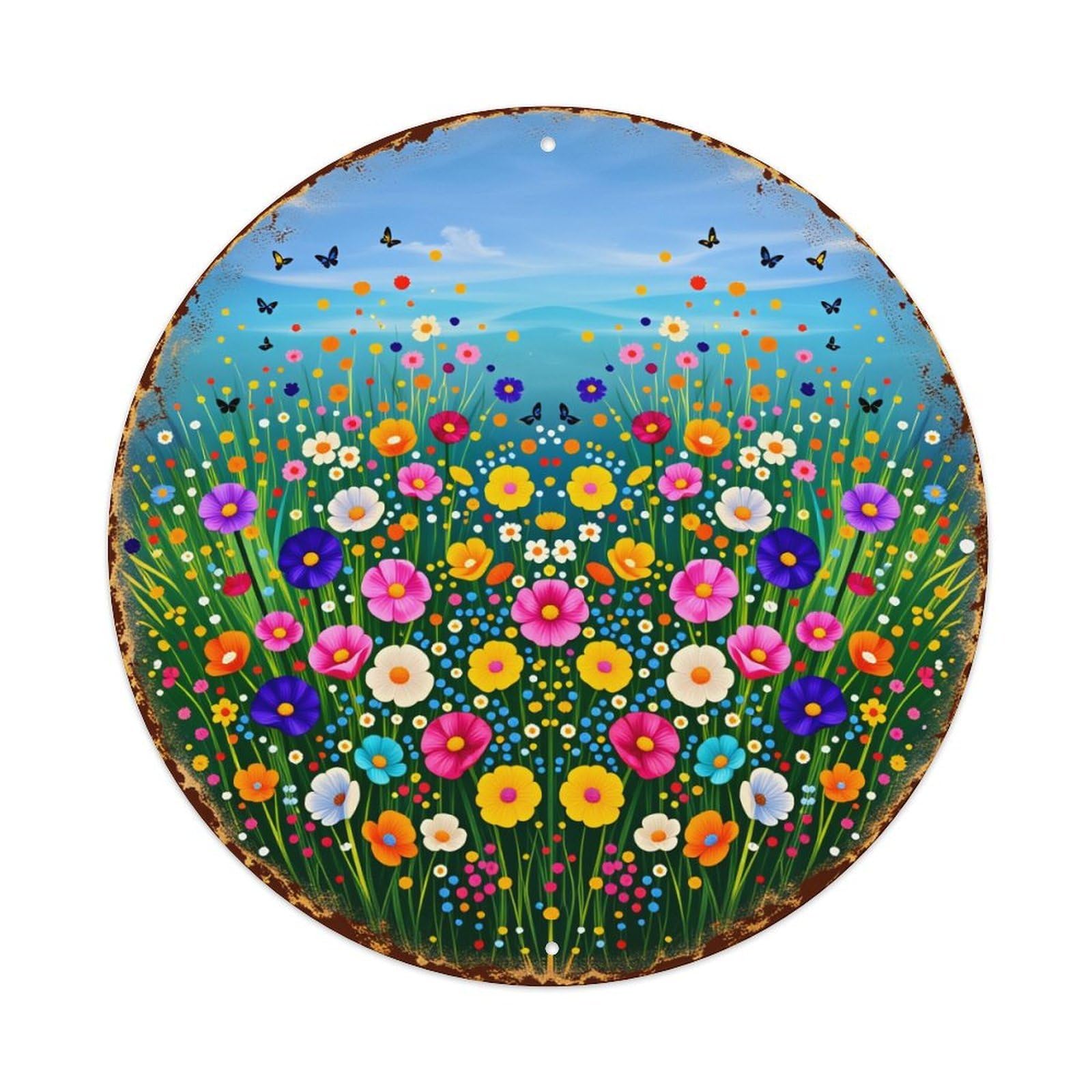 Colorful Flowers Butterflies Sky Meadow Round Tin Sign Vintage Style Metal Sign Home Bar Garden Wall Plaque Decor Metal Poster 8x8 Inch