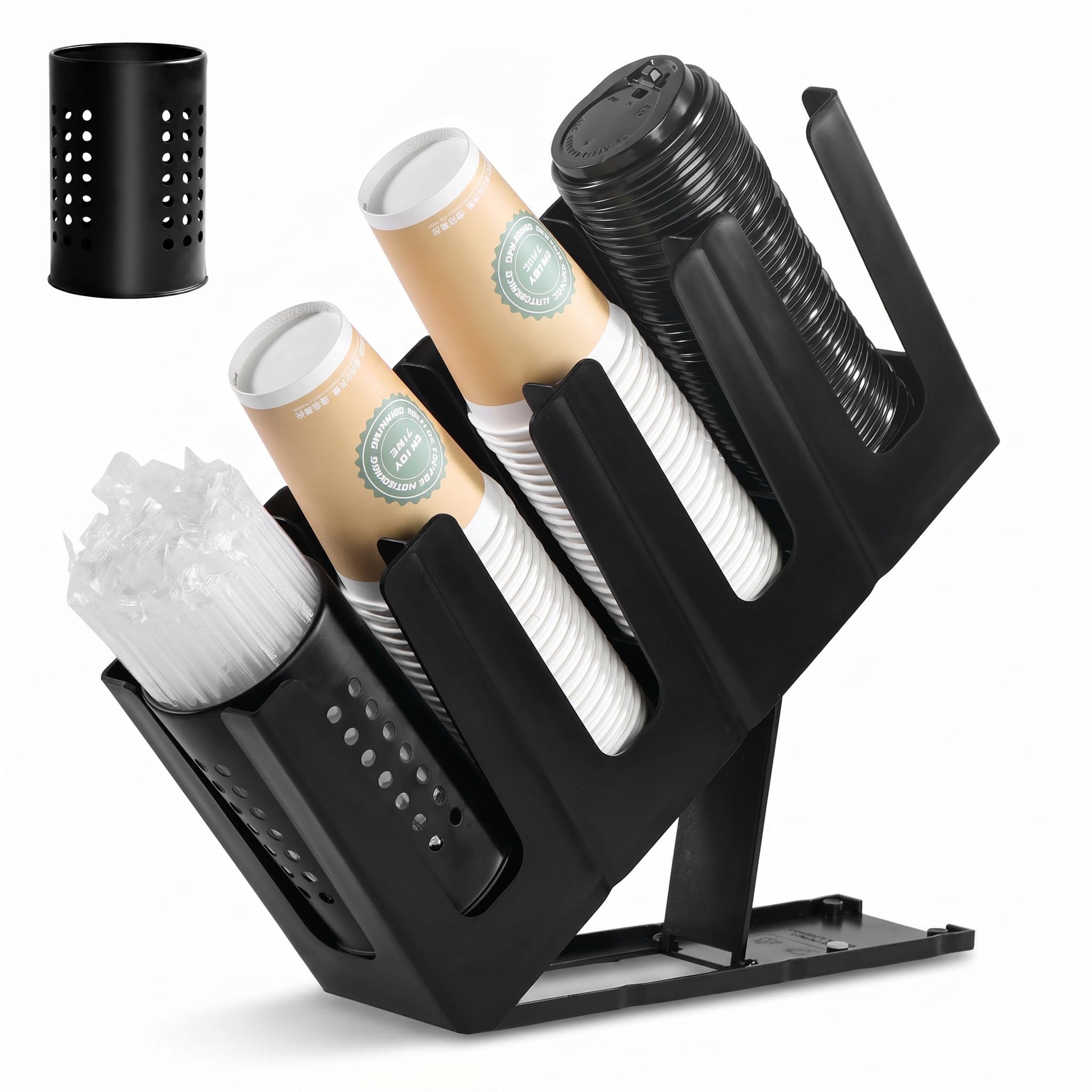 Paper Cup and Lid Holder with Straw Organizer, 4-Compartment Countertop Disposable Coffee…