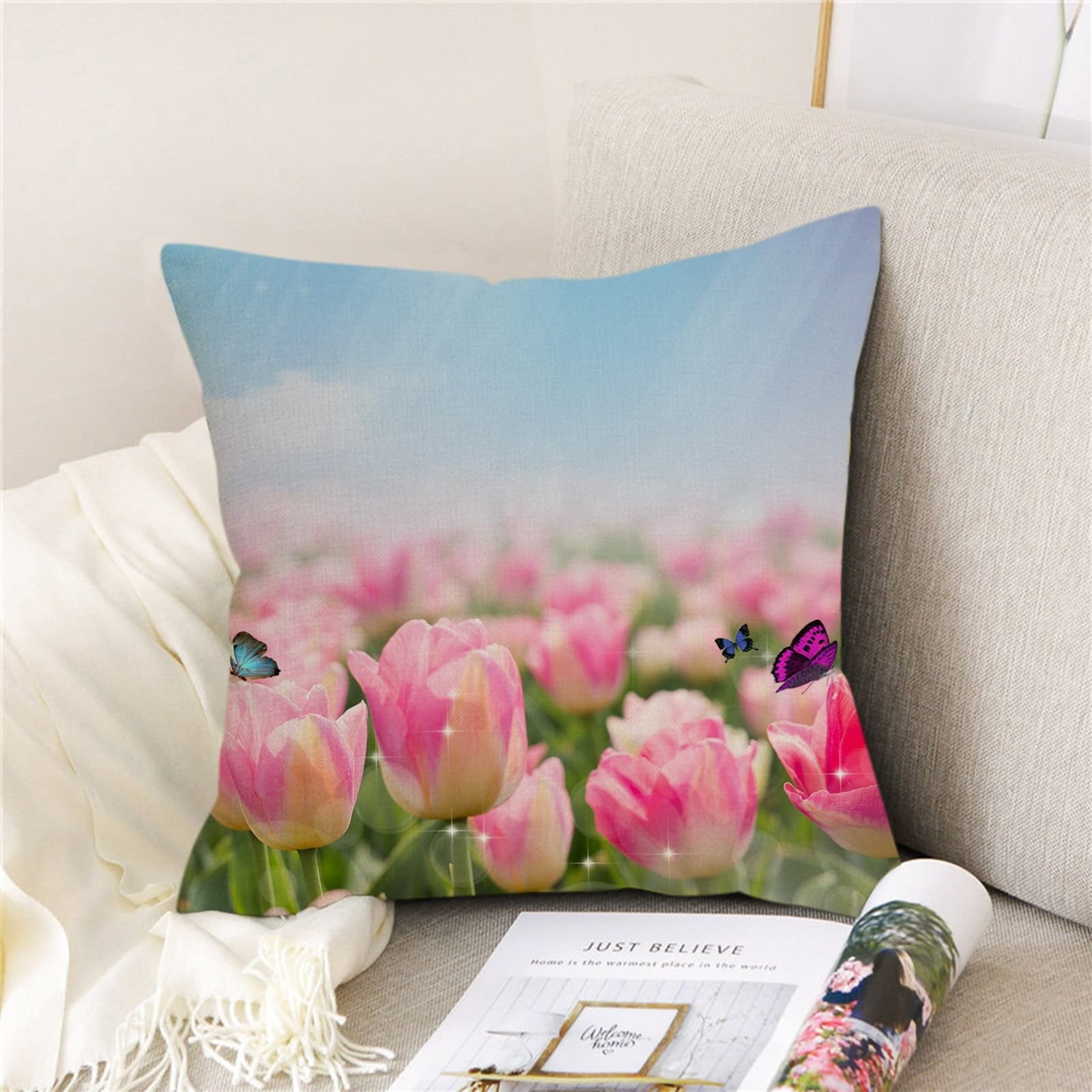 4 fundas de cojín de asiento de 50 x 50 cm, fundas de almohada decorativas de lino con patrón de tulipanes y mariposas rosas para sala de estar, sofá, dormitorio