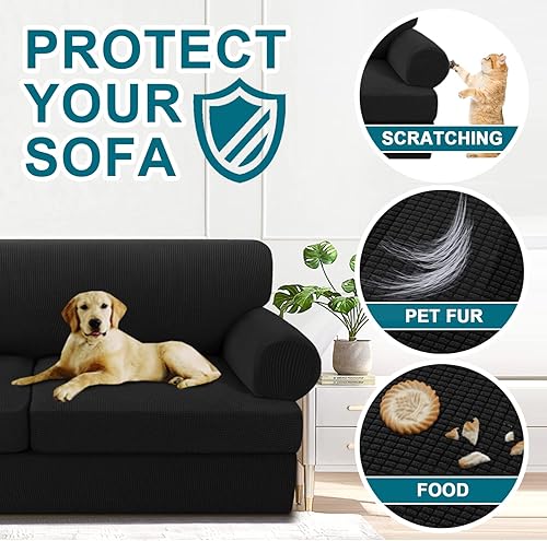 Miniatura 6 de Turquoize Fundas elásticas para sofá de 3 piezas con cojines en forma de T, fundas para muebles con 2 fundas individuales de cojín en forma de T,