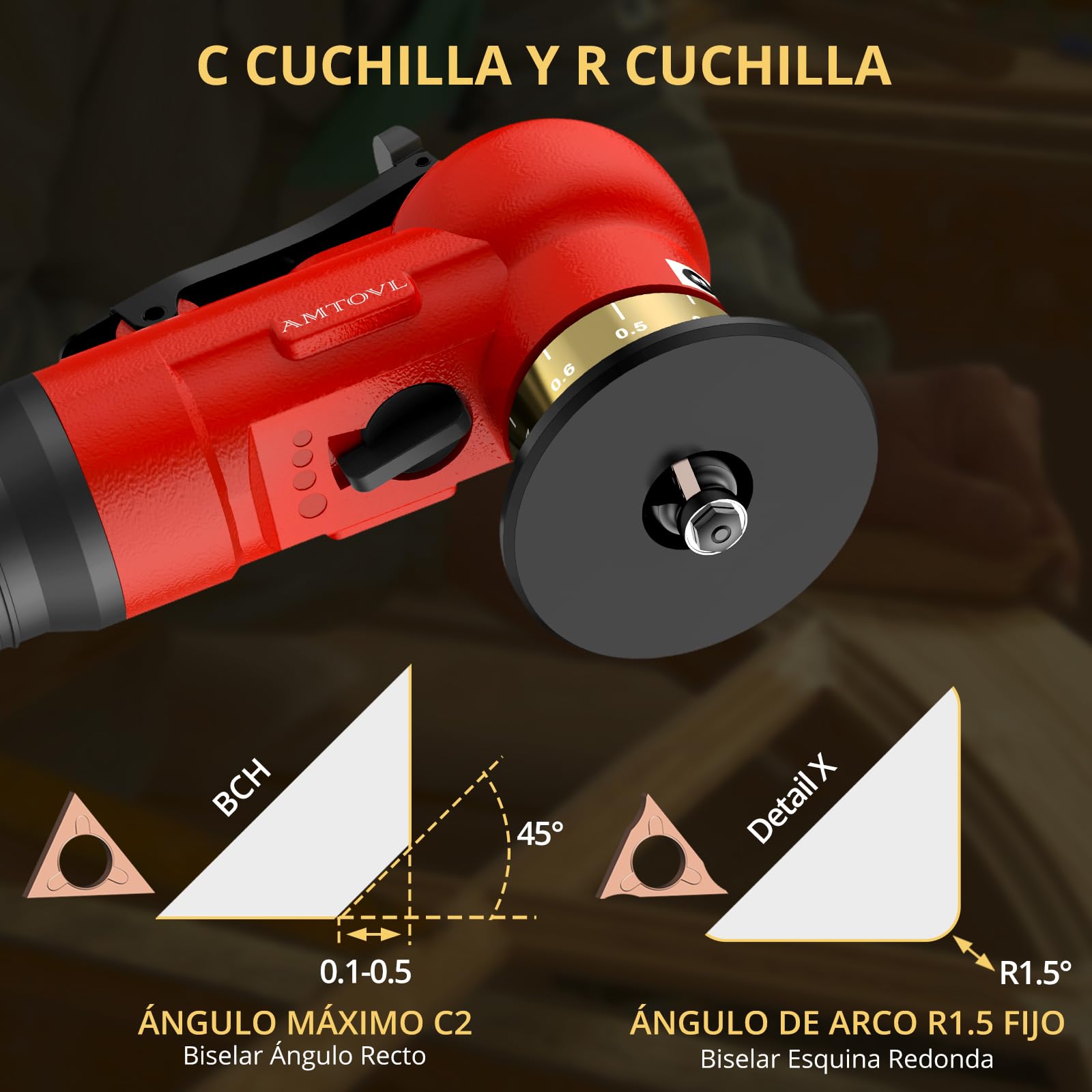 AMTOVL Mini Máquina de Biselado Neumático de 1/4",Biseladora Neumática de Arco de 45 Grados,Velocidad Ajsutable con Cuchilla de Recambio(10R+10C+4 Rodamientos) para Corte y Desbarbado de Metales