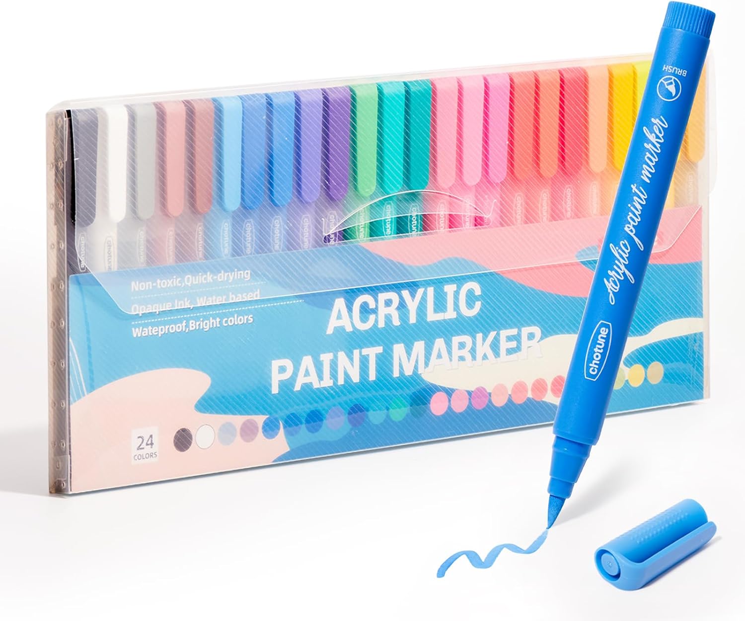 24 Colors Acrylic Paint Markers Set - Single Brush Tip Permanent Art Markers Set for Coloring, Drawing, Multi Surface Use Acrylic Brush Paint Pens for Artists Crafters DIY Projects