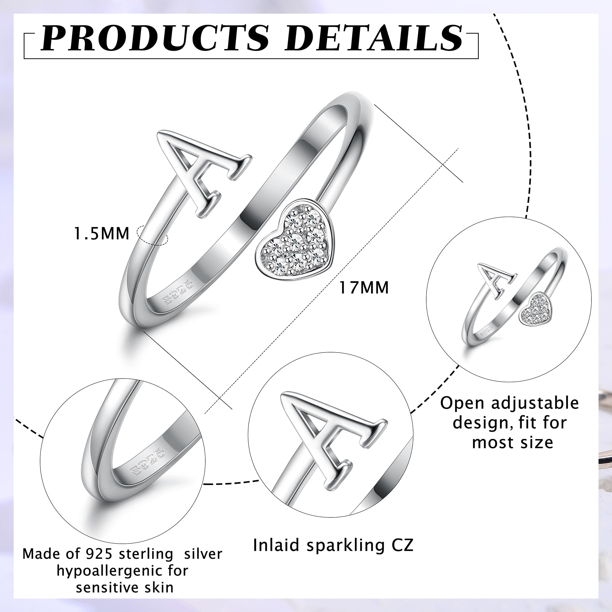 Feng Shui， Anillos de Plata de Ley 925 con Inicial de corazón para Mujeres y niñas, Anillos apilables Ajustables con Letras del Alfabeto chapados en Oro de 18 Quilates para Adolescentes