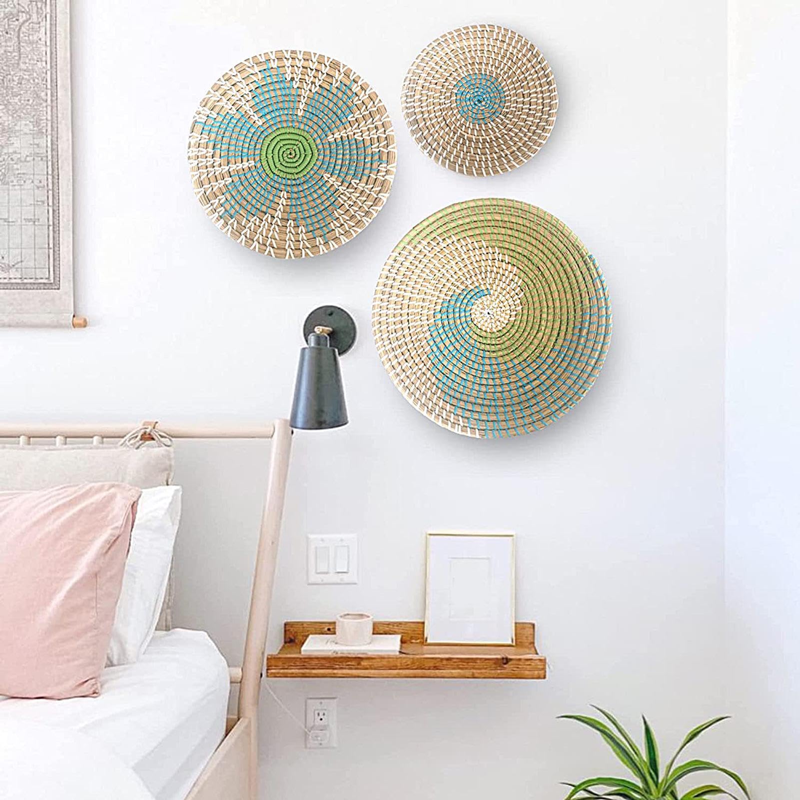 3 Stück Boho Wandkorb Dekoration Runde Seegras Geflochtene Körbe Natürliches Boho Hängekorb Geometrisches Design Böhmische Hängende Dekorationen Für Wohnzimmer, Büro, Schlafzimmer