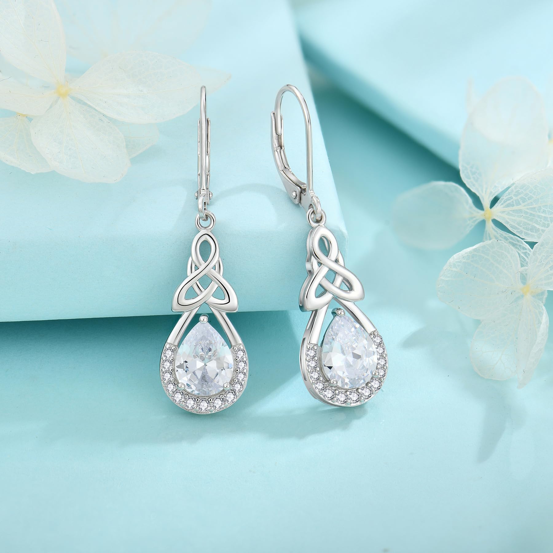 FJ Keltischer Knoten Ohrringe Damen 925 Sterling Silber Unendlichkeit Tropfen Hängend Geburtsstein Ohrringe Irischer Glücksschmuck Geschenke für Frauen