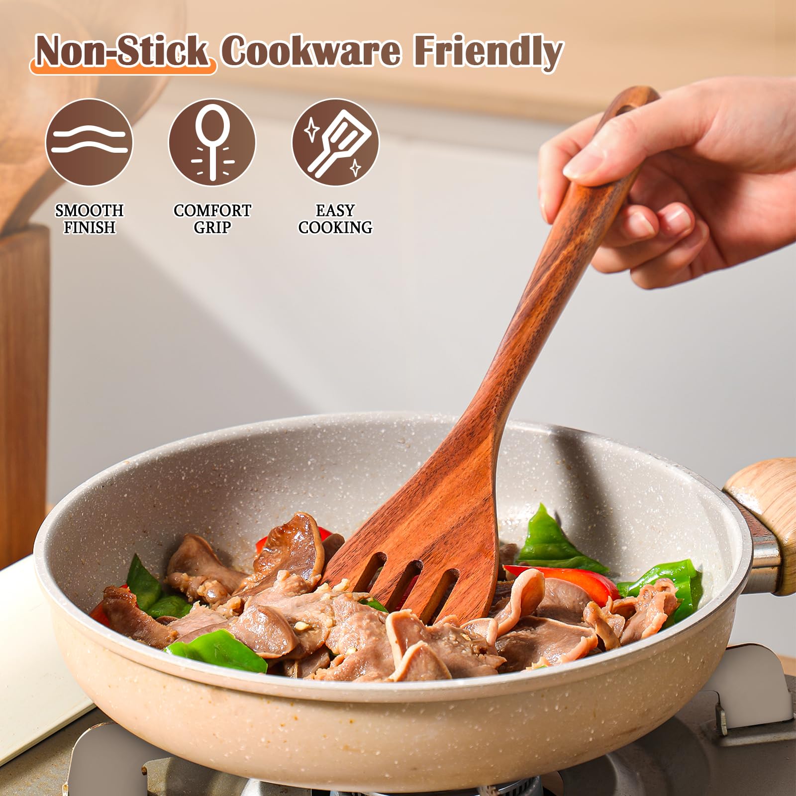 Holzlöffel zum Kochen, 11-teiliges Holz-Kochutensilien-Set mit Halter, Küchenhelfer aus natürlichem Akazienholz, antihaftbeschichtet, leicht zu reinigen, Küchenutensilien-Set für Mutter