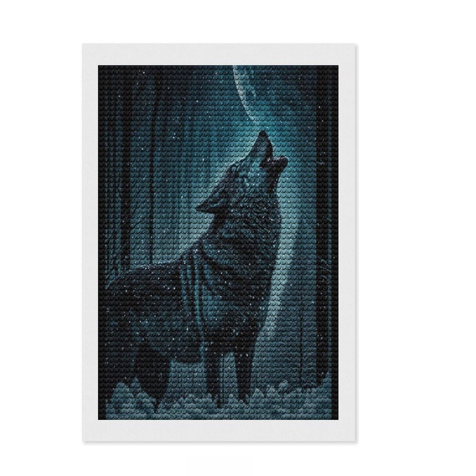 Junmoney Wolf Howls at Moon Diamond Style Art Kit 8"x12", Farmhouse Decor, Relaxing DIY, with Tool Kit, Thoughtful Present, DIY