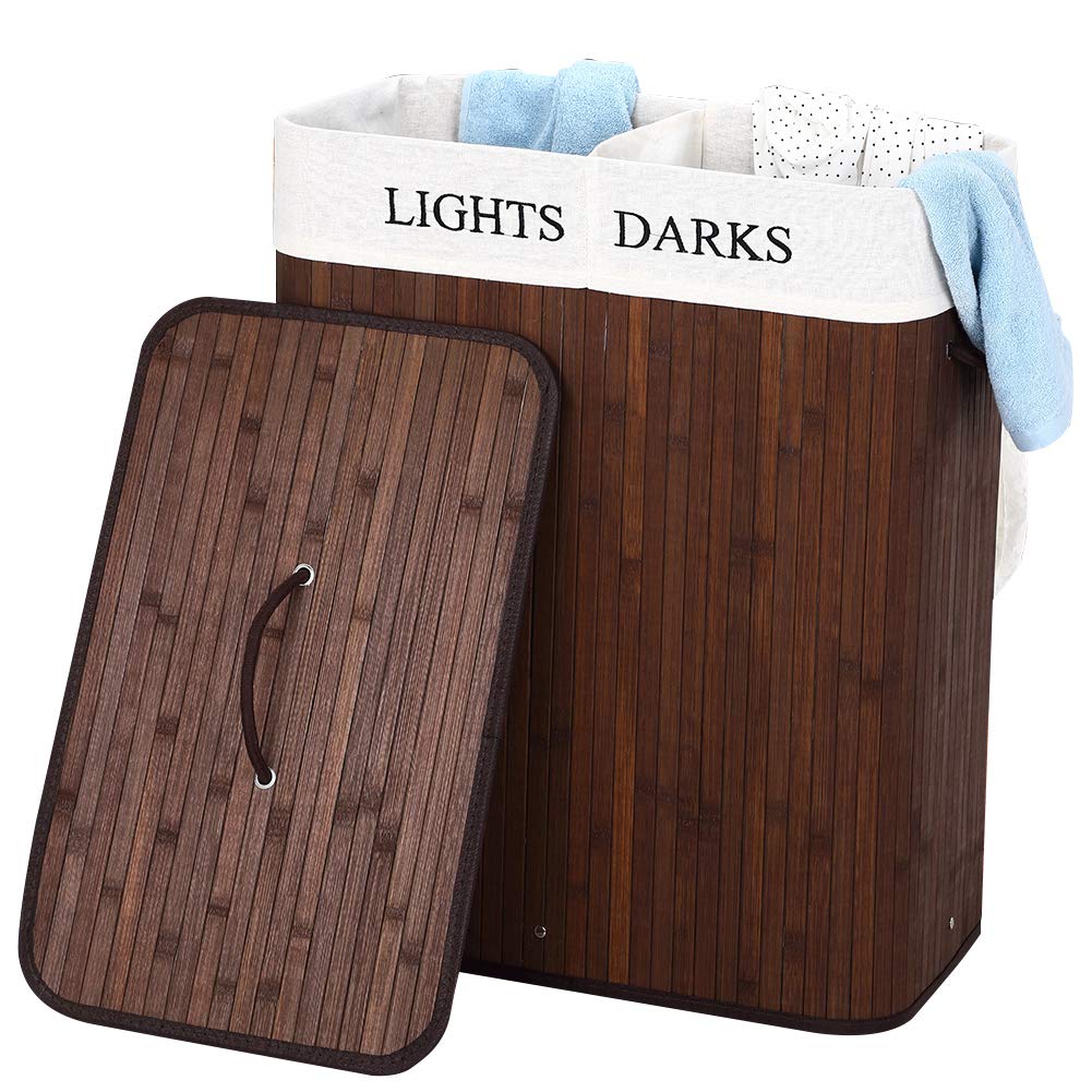 Bakaji Marrón Cesta Ropa Sucia De Doble Compartimento Para La Ropa Sucia Casa 2 Espacios Ropa Clara Y Oscura De Madera De Bambú Y Tejido Recipiente De Plegable Para Ahorrar Espacio Con Tapa Y Asas Capacidad