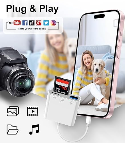 Vista 3 de Lector de tarjetas SD USB C para iPhone 15-17, adaptador de tarjeta de memoria USB C a Micro SD para iPad/Mac Pro/Air, lector de tarjetas de cámara