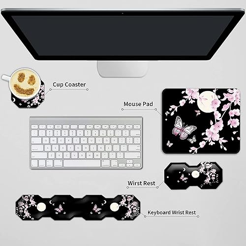 Miniatura 7 de Alfombrilla para mouse con reposamuñecas+reposamuñecas para teclado+soporte de muñeca+posavasos juego de 4 piezas con temática de mariposas y cerezo
