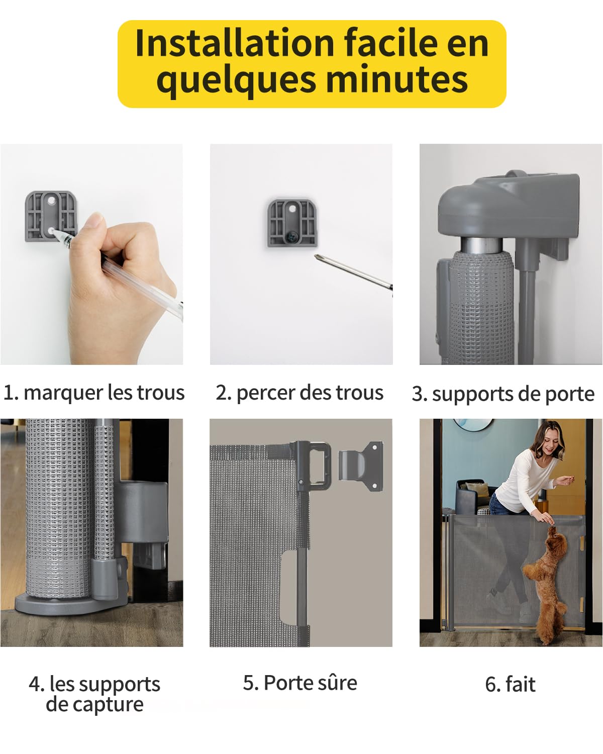 Barrière de Sécurité Rétractable pour Bébé et Animaux Chiens, Extensible de 0-140cm, Porte de Sécurité pour Escaliers, Couloirs et Portes – Utilisation Intérieure et Extérieure gris - 5