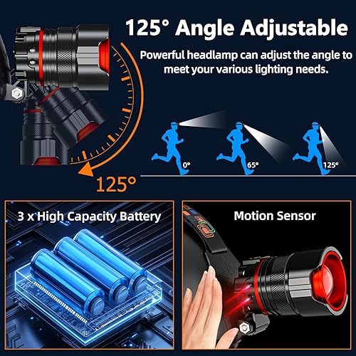 Miniatura 6 de Linterna frontal recargable de 4000 lúmenes altos, lámpara LED súper brillante con sensor de movimiento, 12 modos, IPX7 impermeable, ajustable a