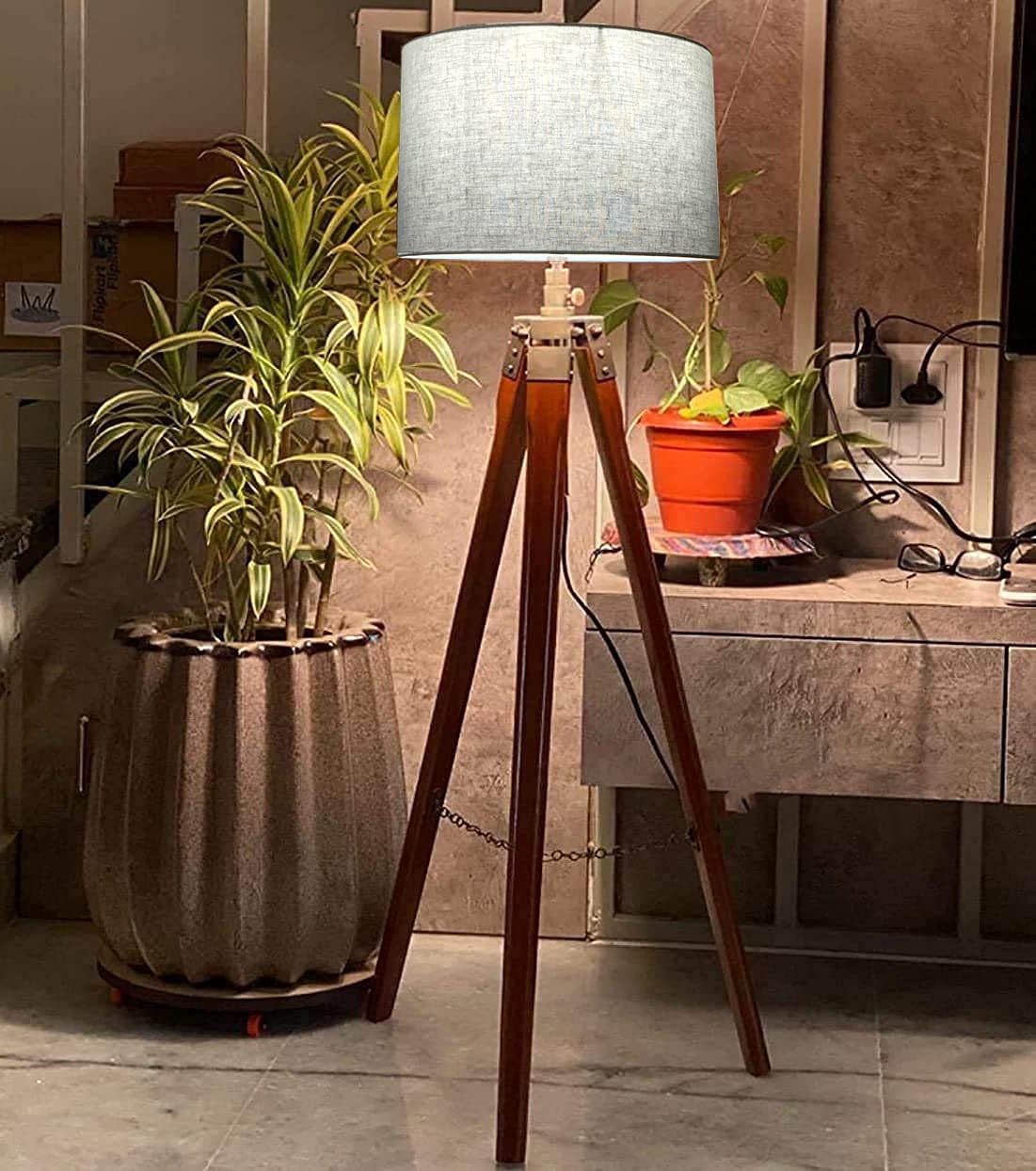 SIAN Beautiful Wooden Floor Lamp with Grey Jute Shade for Living Room || Study Room || Hall Décor || Function Best Gifted Item