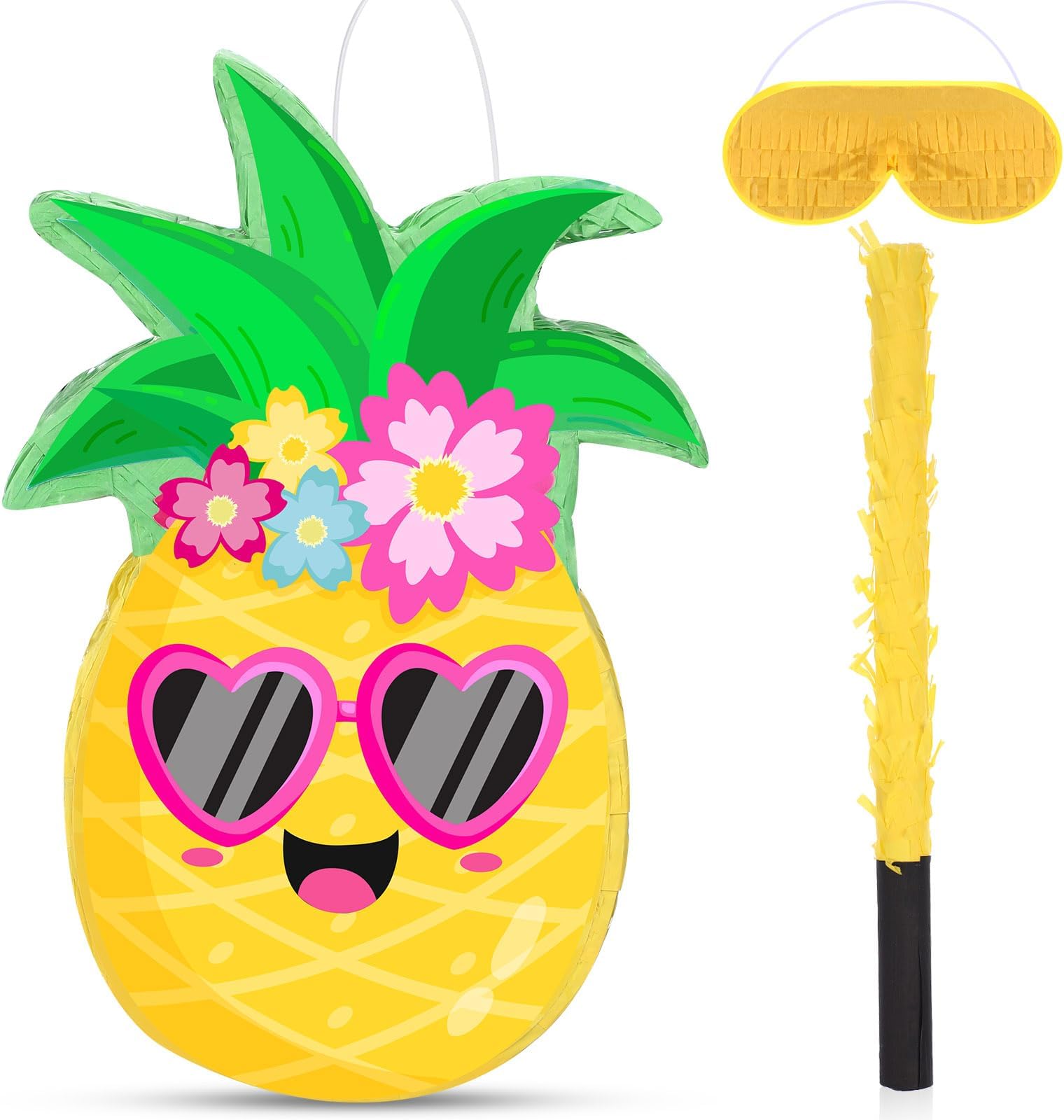 Threan Small Pineapple Piñata Summer Fruit Piñata with Blindfold Bat for Hawaiian Tropical Luau Party Supplies Pineapple Themed Birthday Decorations, 16.5 x 11.2 x 3.1 Inch