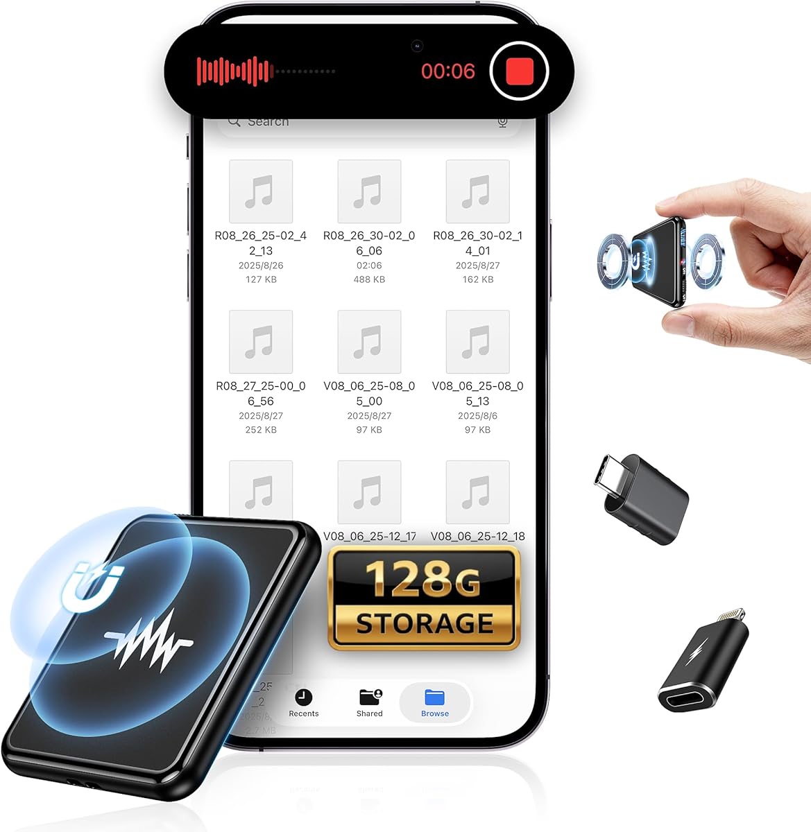 128G (9800 Hour) Voice Activated Recorder, Double-Sided Magnetic Voice Recorder with Playback, Audio Recorder with AI-Intelligent Noise Reduction, 70H Continuous for Lectures, Meetings