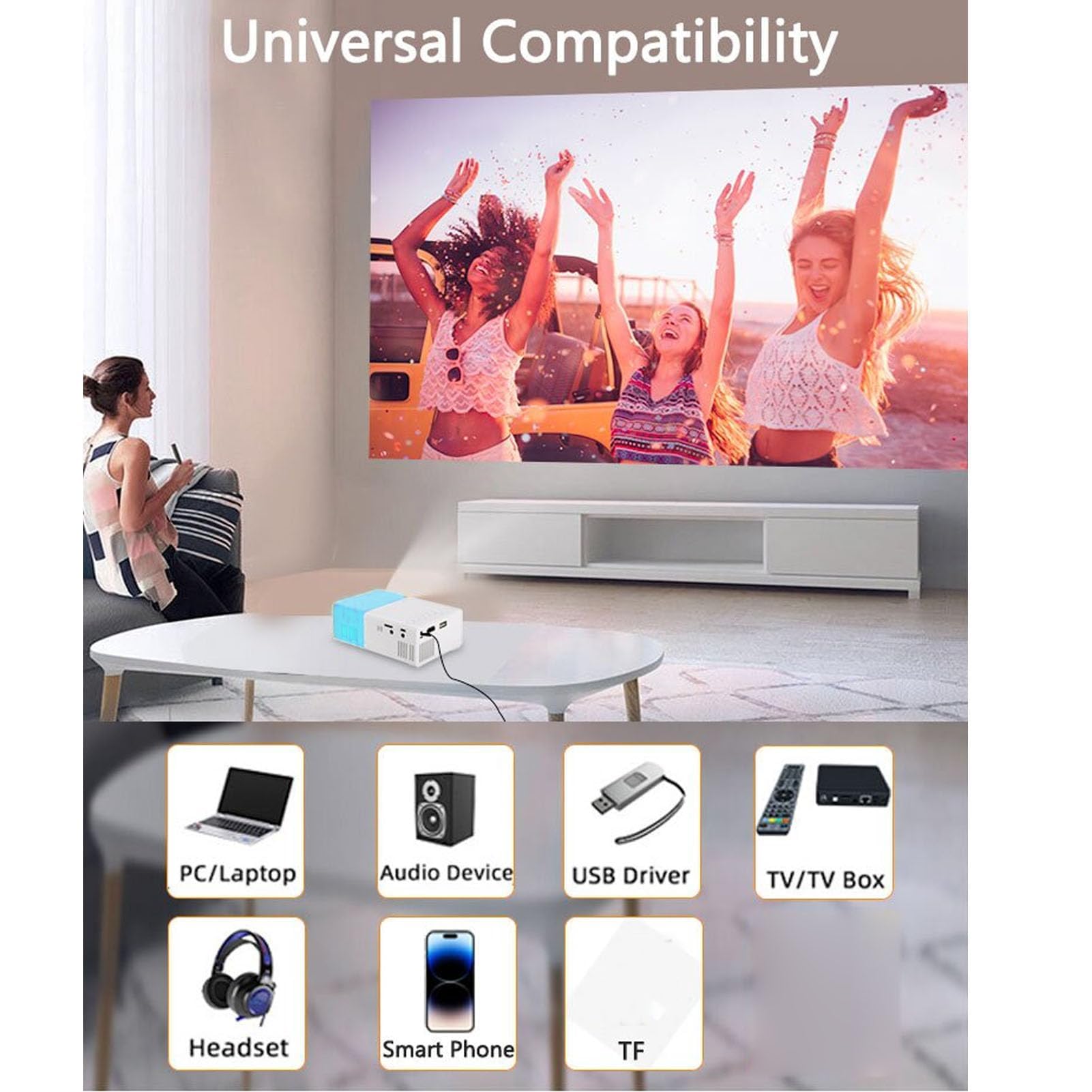 Mini Proiettore, Videoproiettore Full HD 1080P, Proiettore Esterno Portatile, Proiettore per Telefono Cinematografico Home Theater Compatibile con Laptop/PC/TV Box/TV (Spina