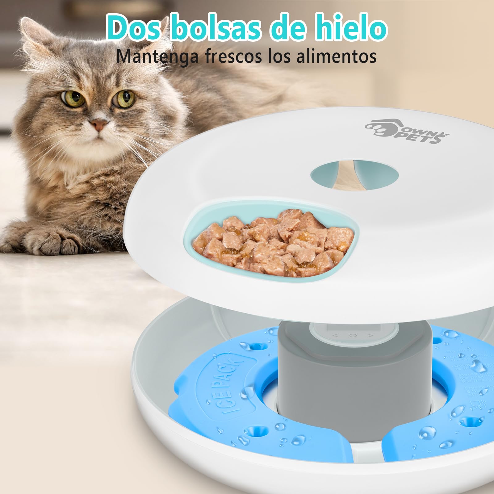 Ownpets Comedero Automático para Gatos y Perros, Dos Paquetes de Hielo para Mantener Comida Fresca, Temporizador Programable, 6 Comidas, Alimentación USB, para Comida Seca y Húmeda, Blanco