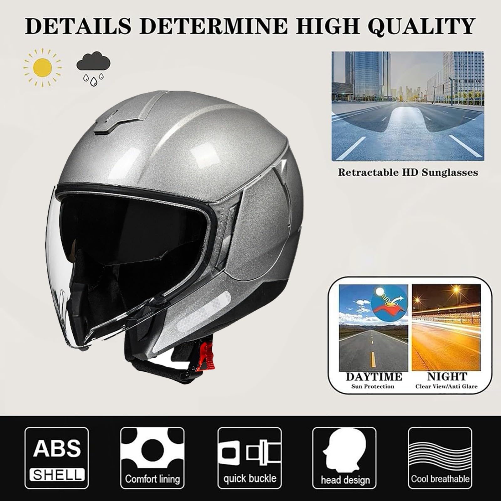 Kask motocyklowy otwarty dla dorosłych (mężczyzn i kobiet), kask motorowerowy, skuter i cruiser z wizjerem, skorupa ABS w połączeniu z warstwą buforową EPS, zatwierdzony DOT/ECE.