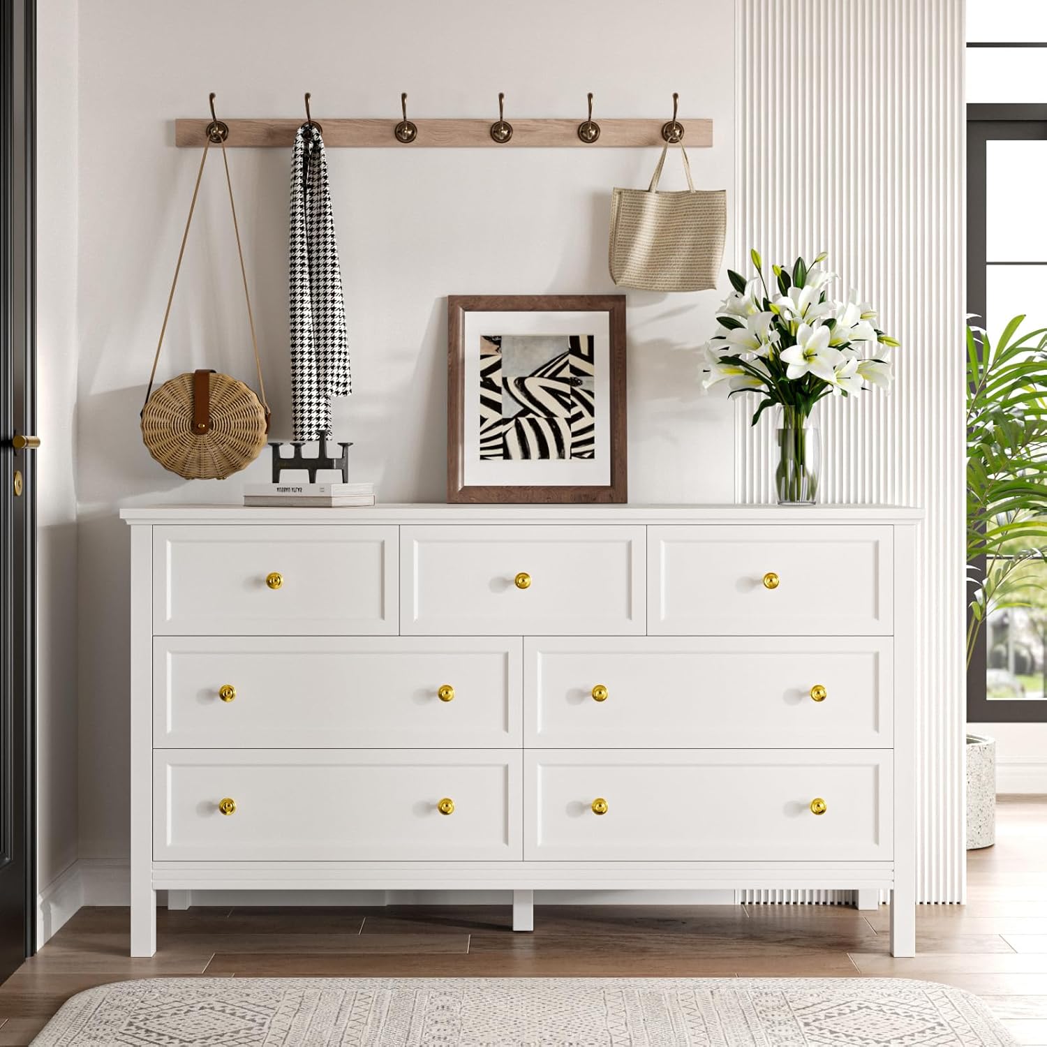 White Dresser for Bedroom with Gold Handle Modern 7 Drawer Dresser, Wood Chest of Drawer Closet Clothes Storage Organizer for Living Room, Hallway, TV Stand, 55 Inch