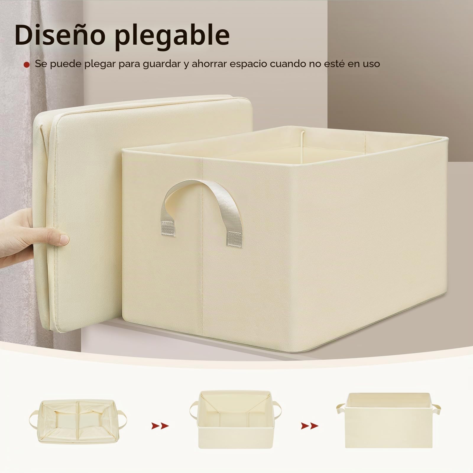 WOLTU Juego de 5 Cajas Plegables,Cajas Almacenamiento Plegables, Cajas Organizadoras de Tela con Asas, Cajas Almacenaje para Ropa y Juguetes en Armarios, Crema, 47x35x30 cm