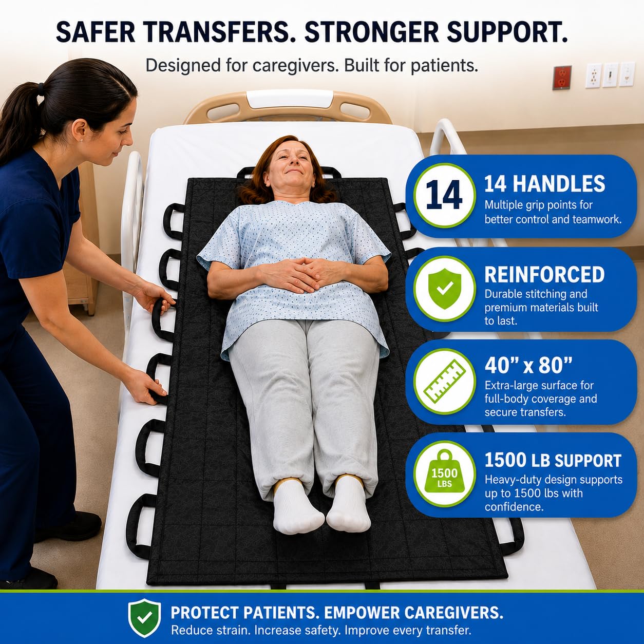 Hoja de transferencia de pacientes con 14 asas de 40 x 80 pulgadas + guía de prevención de caídas VAKLY