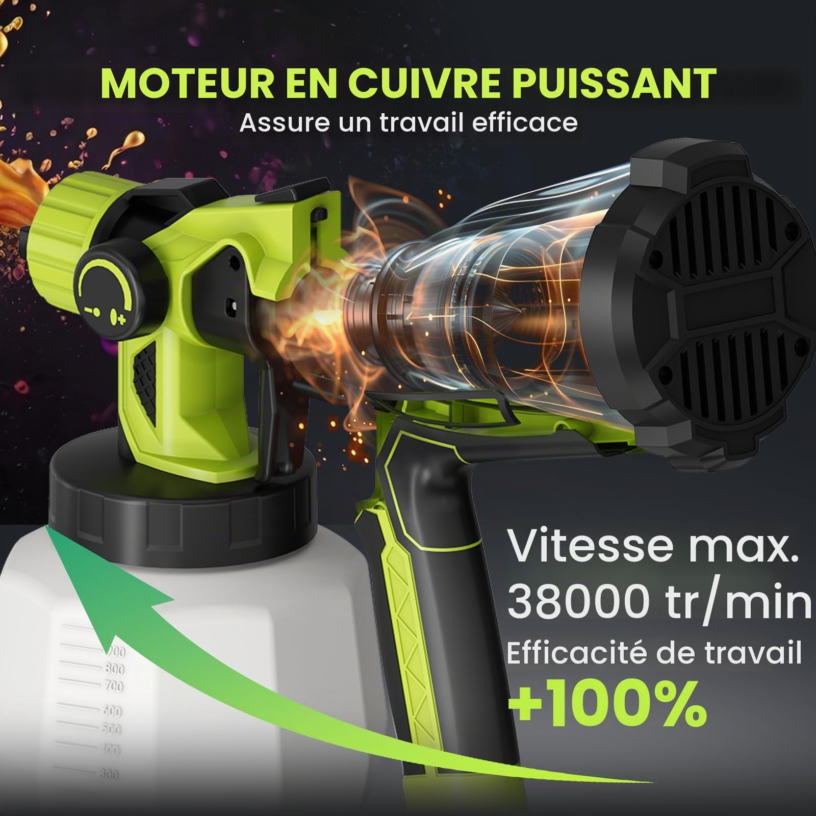VOERJIA Pistolet à Peinture sans Fil 21V, Pulvérisateur de Peinture HVLP 850W avec 2×4.0Ah Batterie, Réservoir 1000ML, 5 Buses, 3 Modes, pour Murs, Meubles, Clôtures, Intérieur/Extérieur