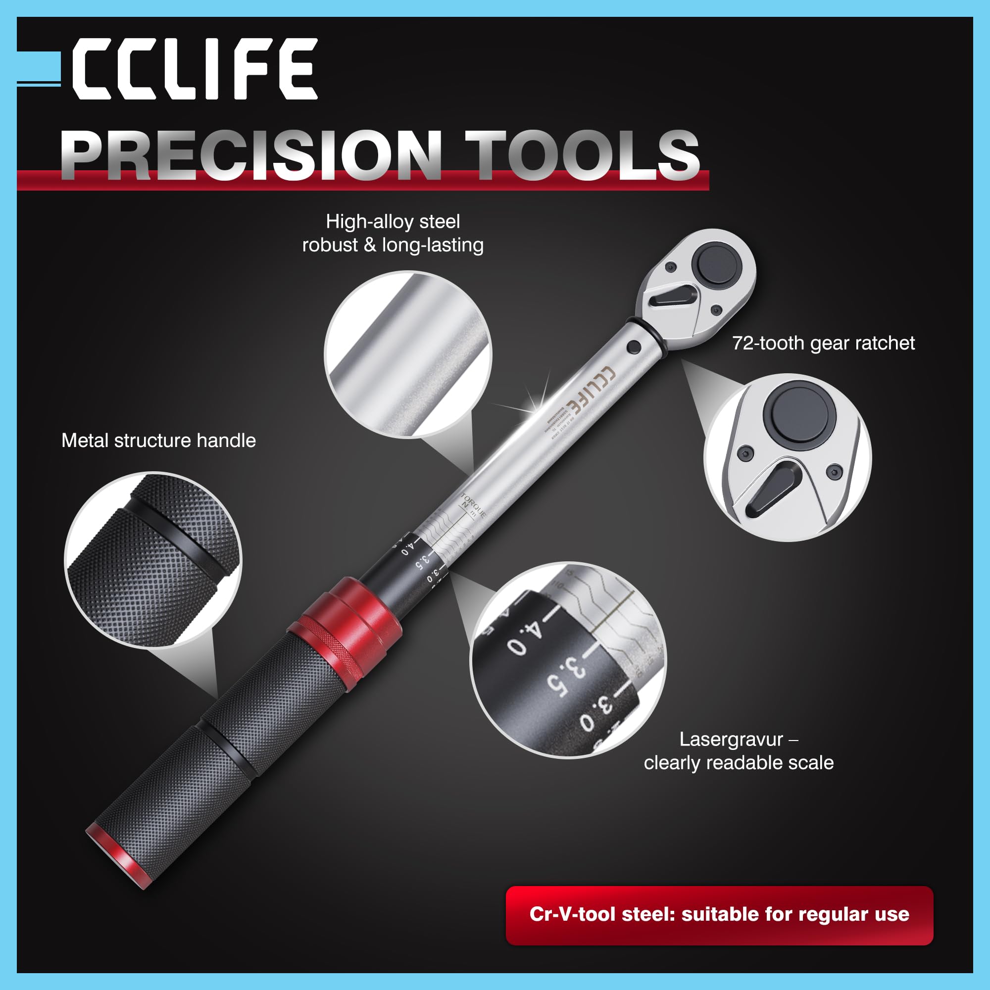 CCLIFE Llave dinamométrica de 3/8 pulgadas Click 10 – 60 N·m – Llave de torsión precisa de acero Cr-V con 72 dientes de trinquete y escala de fácil lectura para bicicleta, motocicleta y taller
