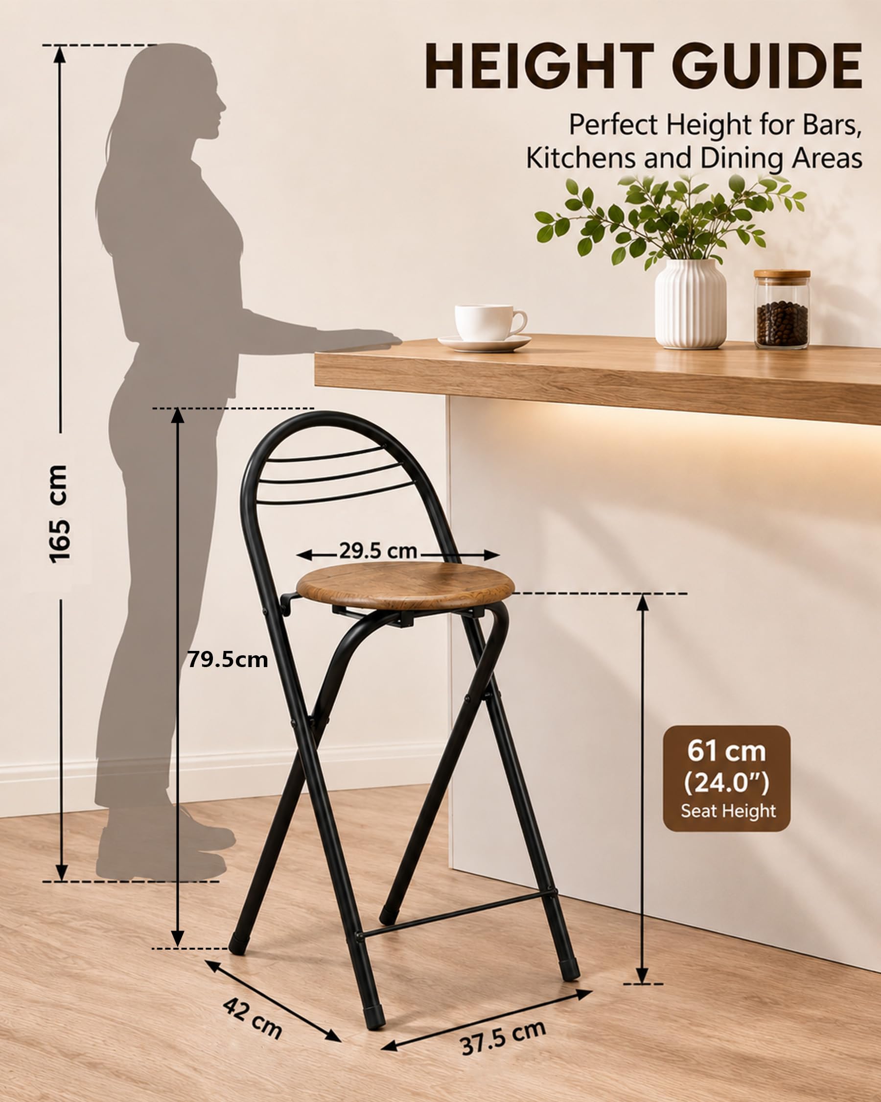 Tabouret de Bar Lot de 2 Pliant avec Dossier Chaise Haute Bar 61cm