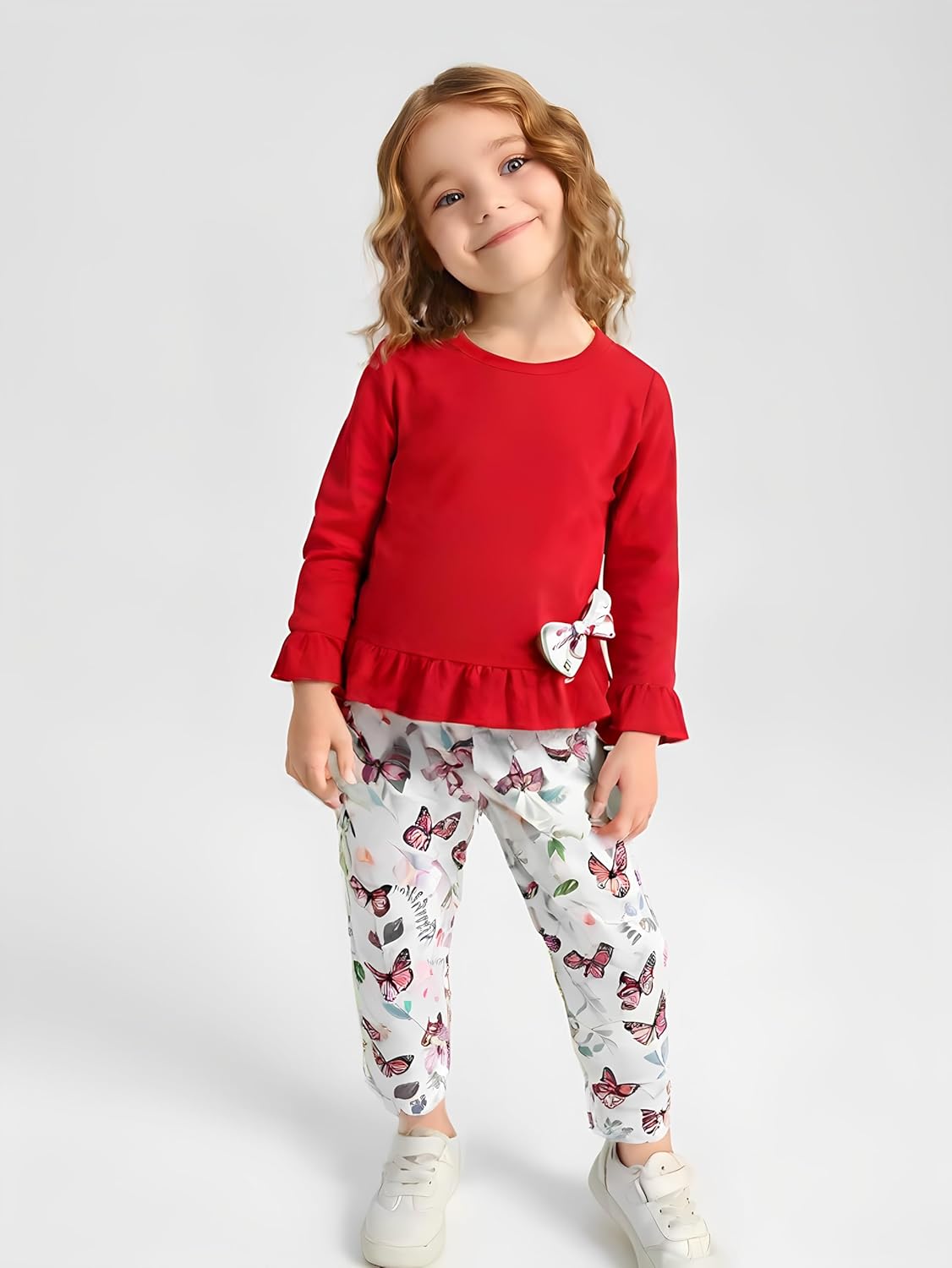 Toddler Girl Clothes Bowknot Ruffle Sleeve Top + Butterfly Pants 2PC Kids Fall Winter Outfit Set - Image 4