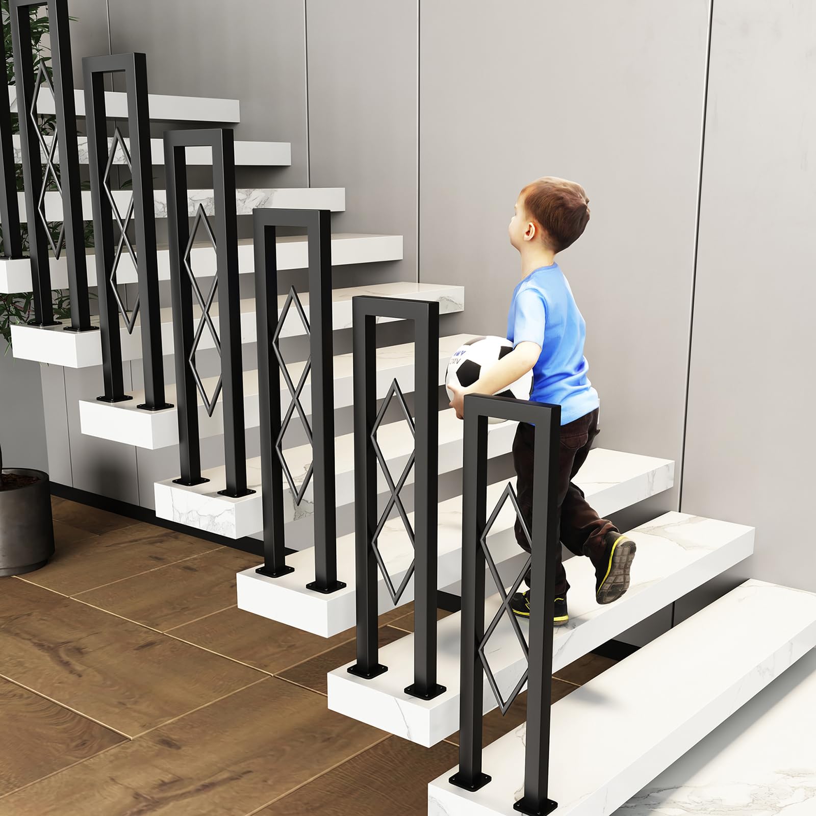 Ringhiera per Scale Interne, Corrimano Forma di U con Diamante Motivo Decorativa, Passamano in Ferro con Kit di Viti, Ringhiere per Soffitta, Corridoio, Esterni Gradini (75cm)