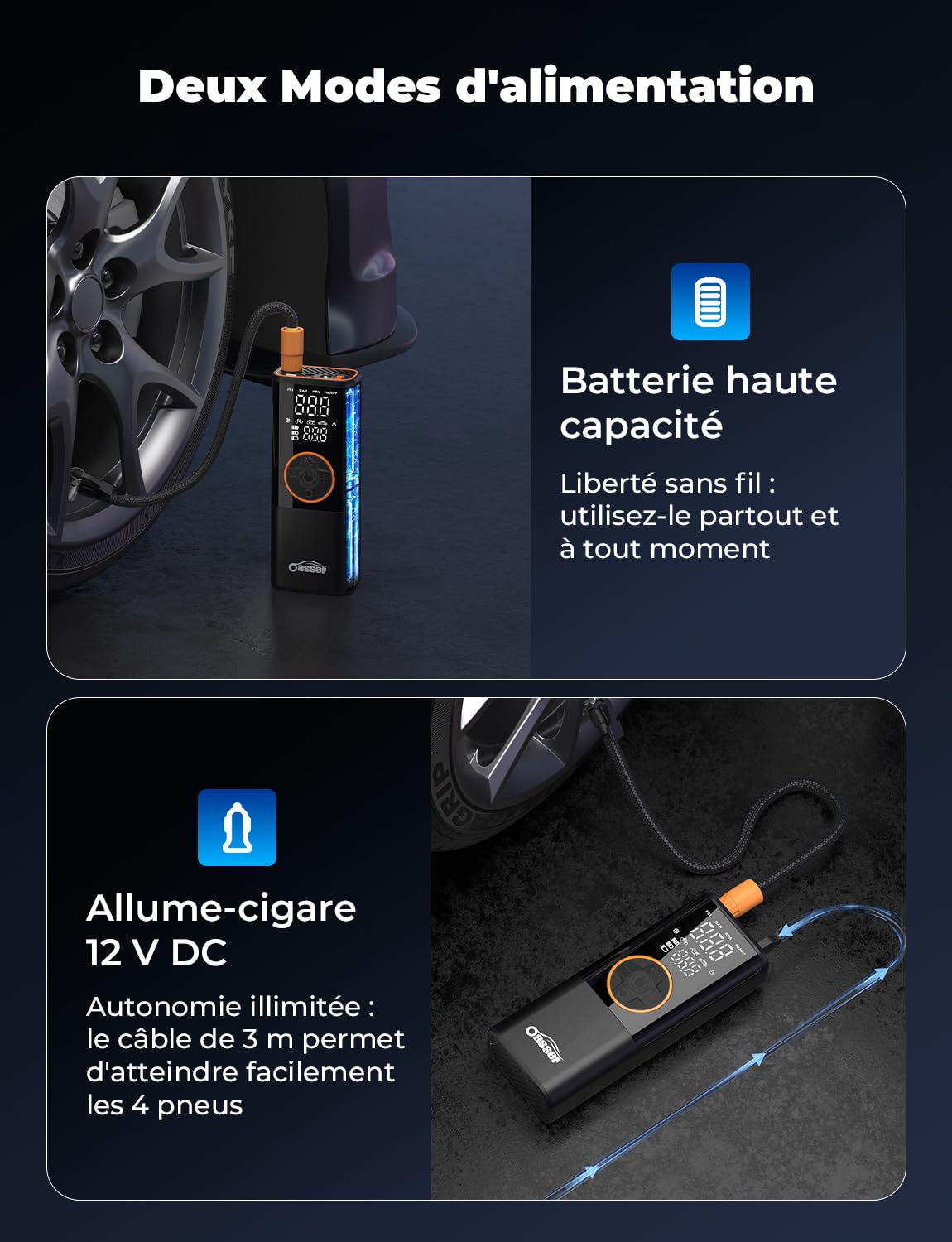 Oasser Gonfleur Pneus Voiture sans Fil 6000mAh Mini Compresseur à Air Portatif 150 PSI (10,3 Bar) Inflation Rapide Cylindre 19 mm Affiche 2 Valeur avec 3M Allume-Cigare 12V et Sac de Rangement
