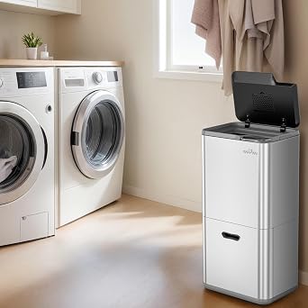 mVm Kitchen Bin,63L Triple Rubbish Bin,3 Compartment Stainless Steel Press Bin,Recycling Bin with Soft-Close Lids and Plastic Inner Buckets,Fingerprint Proof,Odour Seal,Large Capacity Trash Can