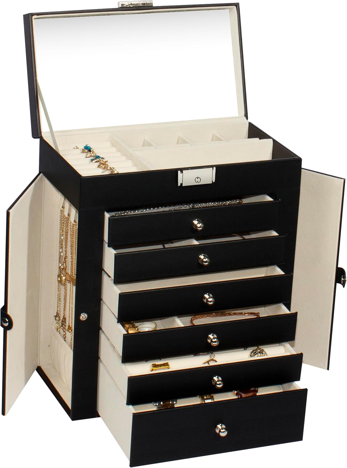 GUKA 7-layer Jewelry Box Organizer with Mirror, 6-Layer Storage Case, Necklace Ring Bracelet and Watch, Brown & White,