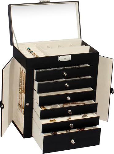GUKA 7-layer Jewelry Box Organizer with Mirror, 6-Layer Storage Case, Necklace Ring Bracelet and Watch, Brown & White