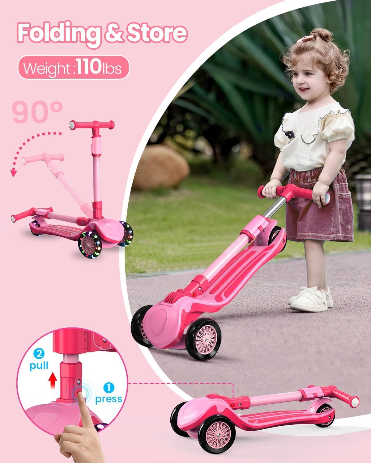Monopattino regolabile 2 in 1, 3 – 12 anni, manubrio a 5 livelli, sedile rimovibile, ruote a LED, pieghevole, rosa (ragazze e ragazzi) nero