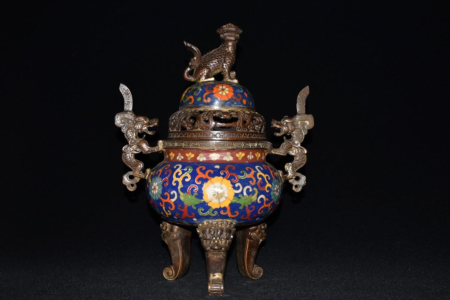 12" Tibetan Temple Collection Old Bronze Cloisonne Enamel Lion Dragon binaural Three-Legged Incense Burner Gather Fortune Town House Exorcism