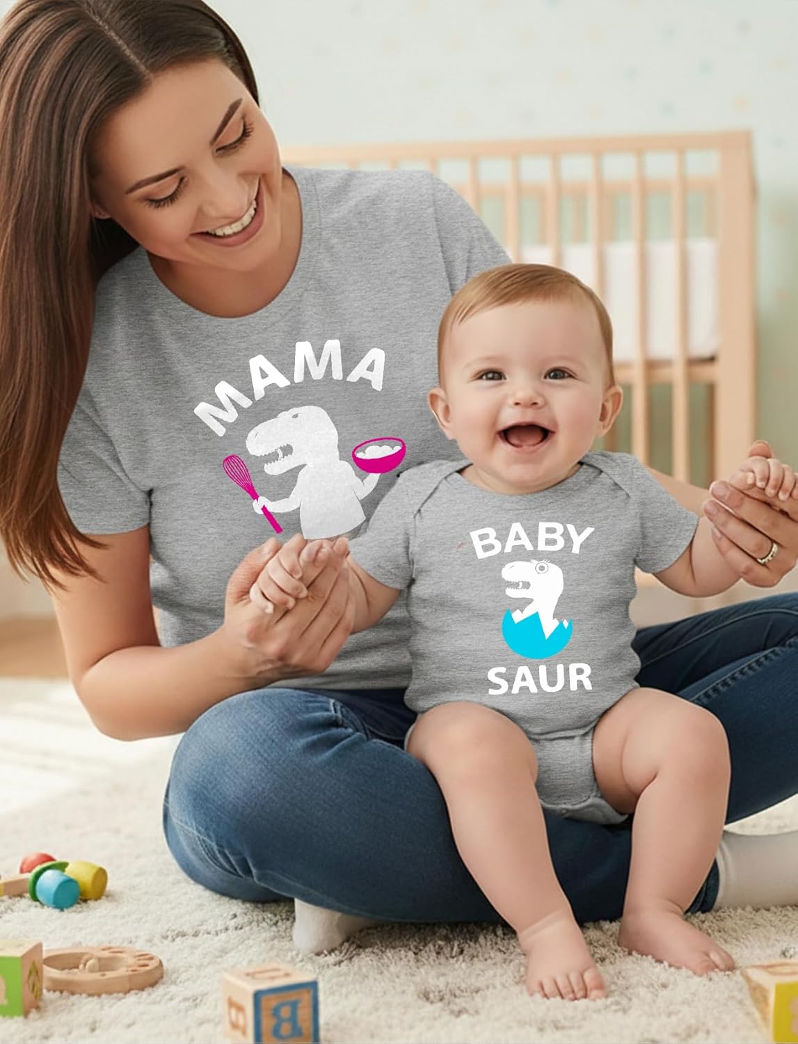 Tstars Mama Saur & Baby Saur Mommy and Me Matching Shirts - Funny Gift for Baby Shower or Mother's Day
