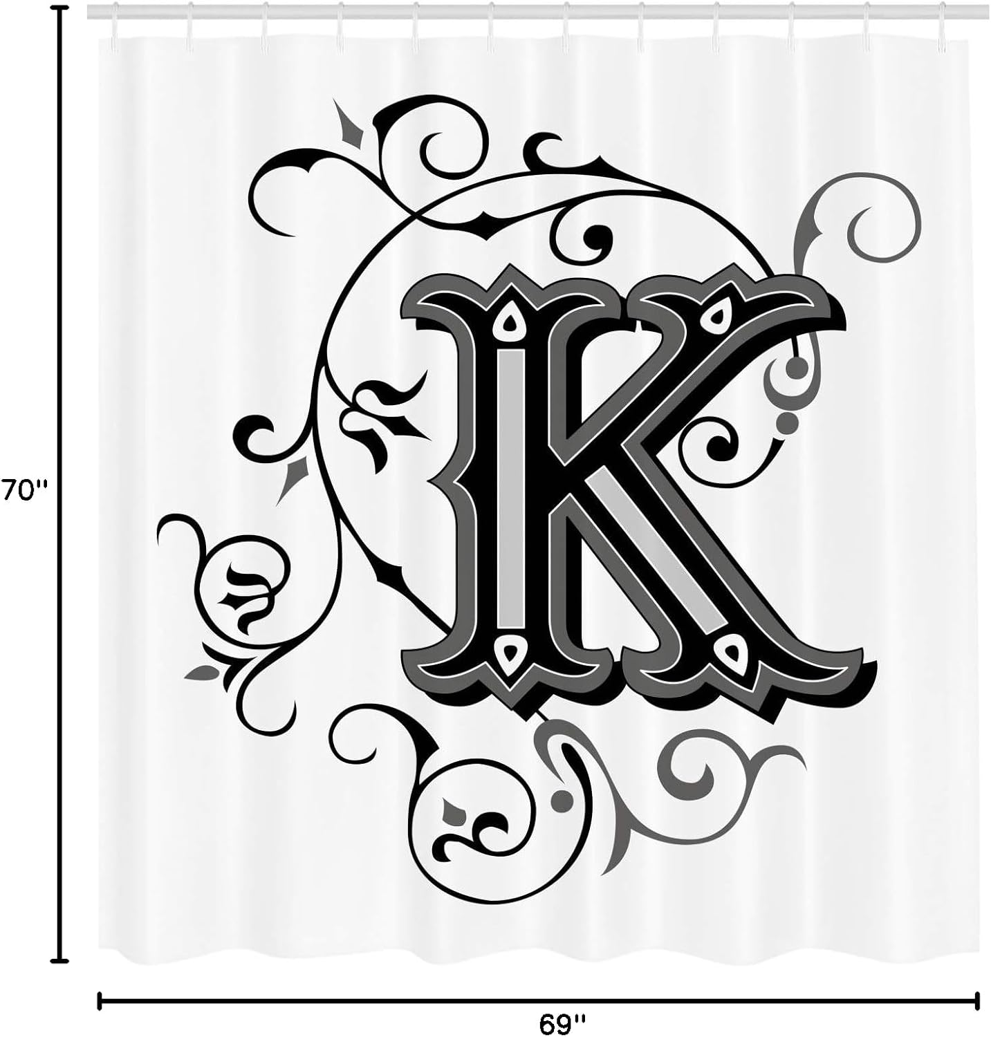 Ambesonne Letter K Shower Curtain, Uppercase Design from Medieval Times Typography Sign Alphabet Pattern, Cloth Fabric Bathroom Decor Set with Hooks, 69" W x 70" L, Black Charcoal White