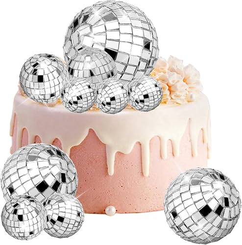 10 adornos de bola de discoteca para tartas, 5 tamaños, mini bolas de discoteca plateadas, accesorios temáticos de discoteca para fiesta de