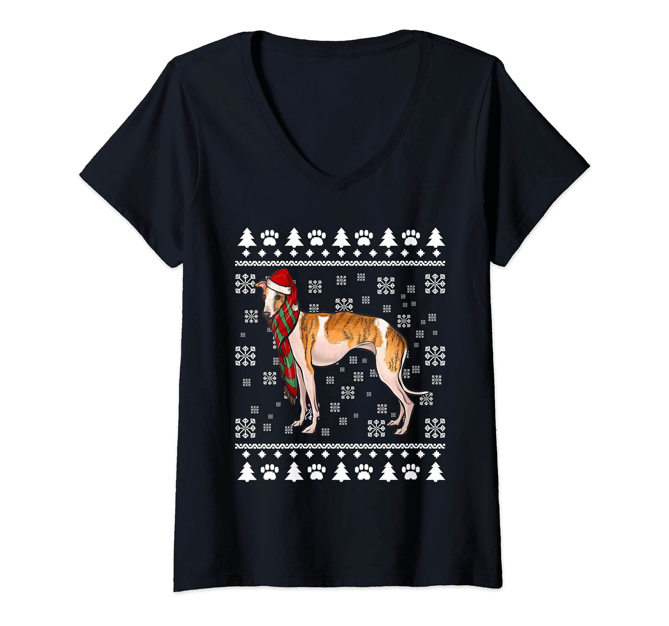Womens Whippet Dog Santa Hat Xmas Ugly Christmas V-Neck T-Shirt, Black