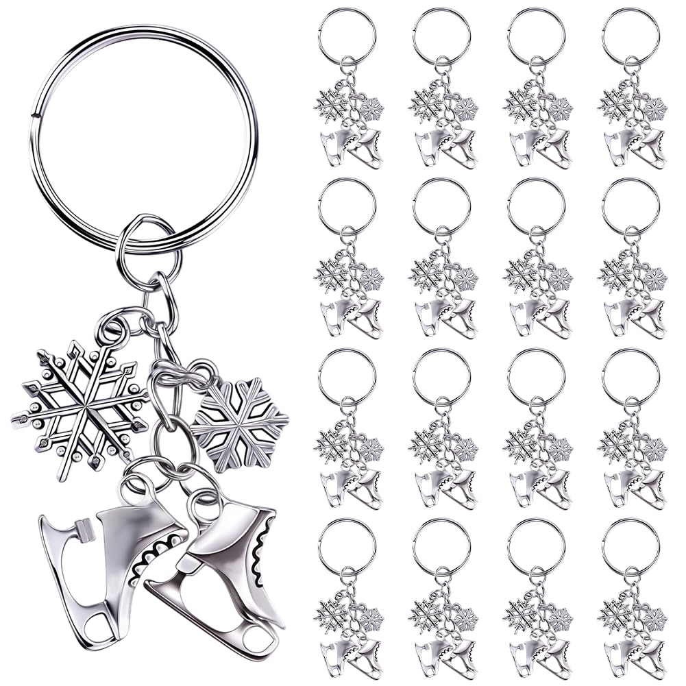 SUNNYCLUE 1 Box 20Pcs Ice Skate Keychain Bulk Sports Key Chain Bulk Antique Silver Alloy Winter Snowflake Keychains for Party Favor Wedding Favors