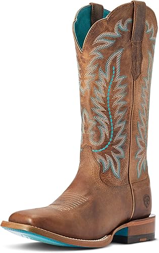 ARIAT Botas casuales bordadas de punta cuadrada para mujer de la frontera Tilly Tacón bajo de media pantorrilla 1-2" - Marrón
