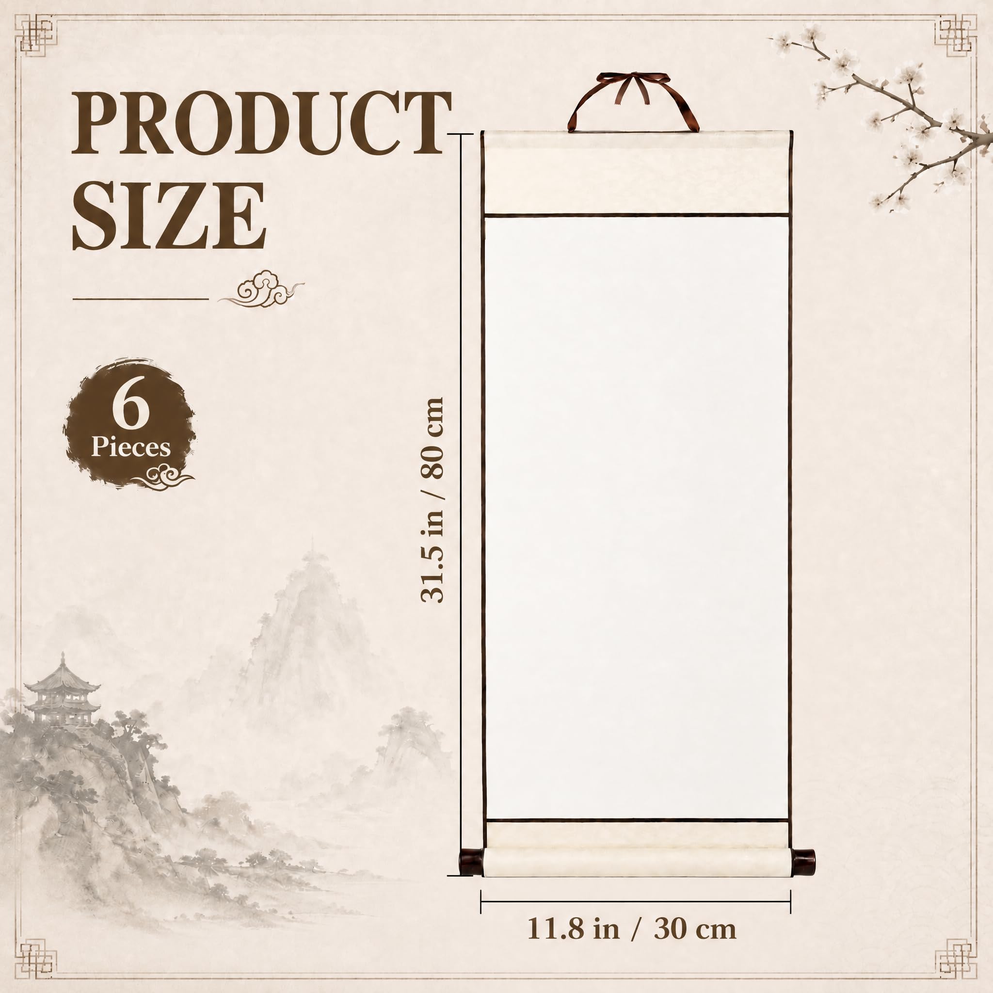 Dunjug 6 fogli vuoti da appendere, 80 cm × 30 cm, carta Xuan semi-grezza con spruzzi d'oro antico, pergamene tradizionali per calligrafia e pittura artistica
