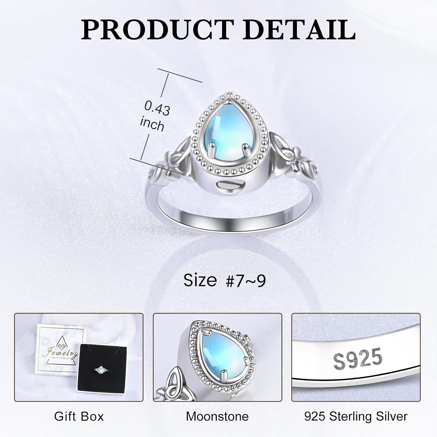 925 Sterling Silver Moonstone Teardrop Urn Ring for Ashes Cremation Jewelry