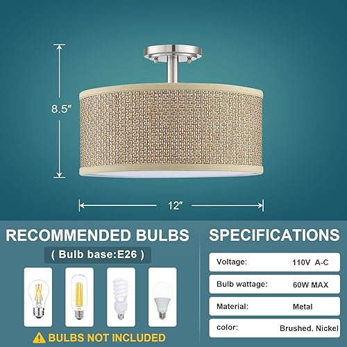 Miniatura 3 de Lámpara de techo semiempotrada de tela de lino, difusor de poliestireno para bar, comedor, pasillo, sala de estar, pasillo (acabado de níquel